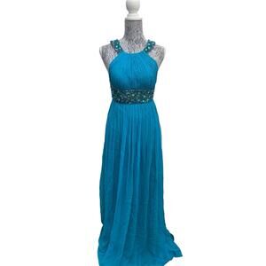 Aidan Mattox Size 0 Teal Full Length Silk Halter Gown Beaded Waist Formal Dress